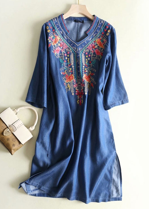 Blue Embroidered Side Open Denim Dresses Summer