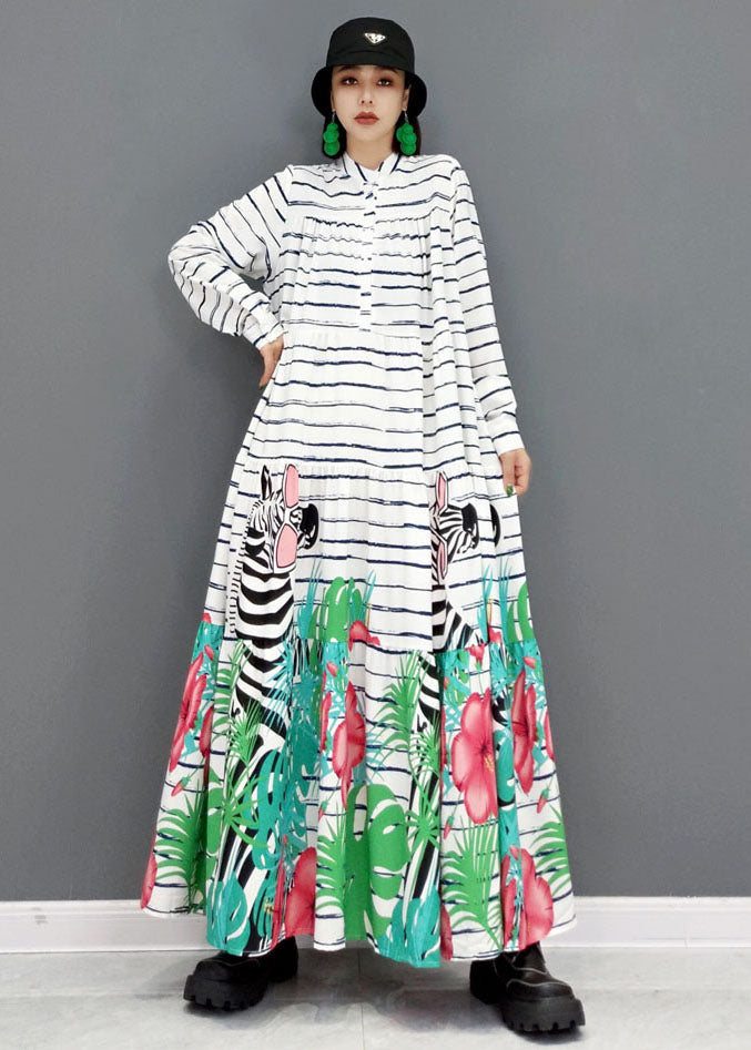 White Stand Collar Striped Print Cotton Party Long Dress Long Sleeve