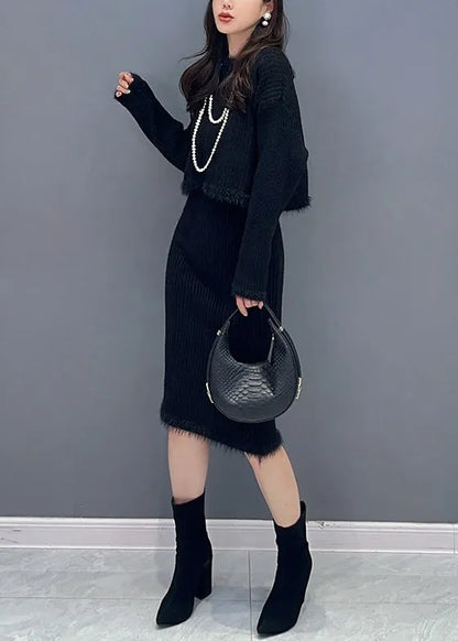 Slim Fit Black O Neck Patchwork Tops and Waistcoat Dress Knit Two Piece Set Fall