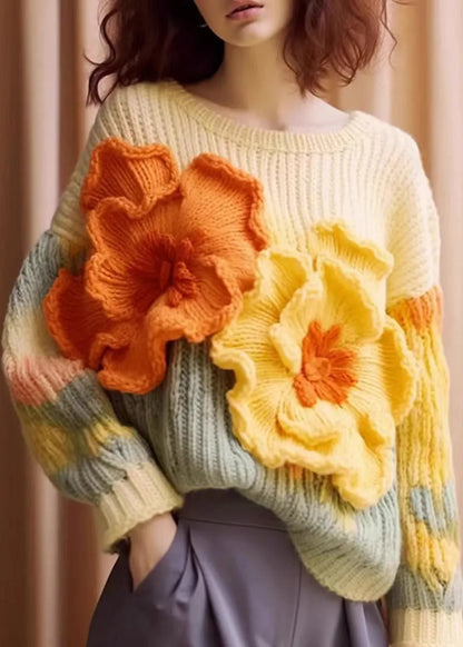 Unique Apricot Patchwork Cozy Cotton Knit Sweaters Long Sleeve