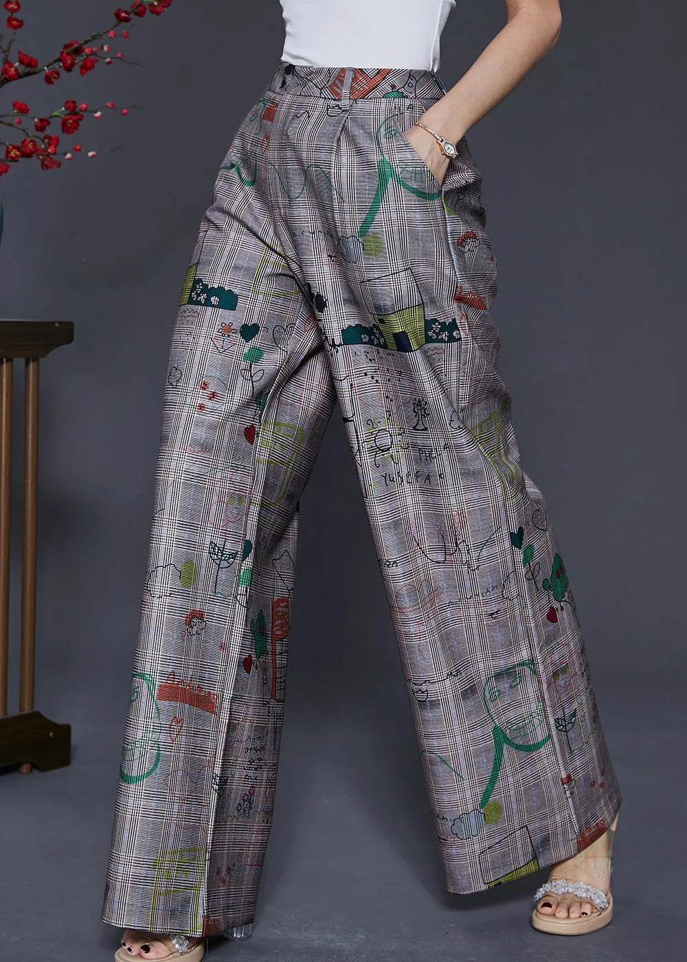 Grey Original Design Print Cotton Straight Pants Spring