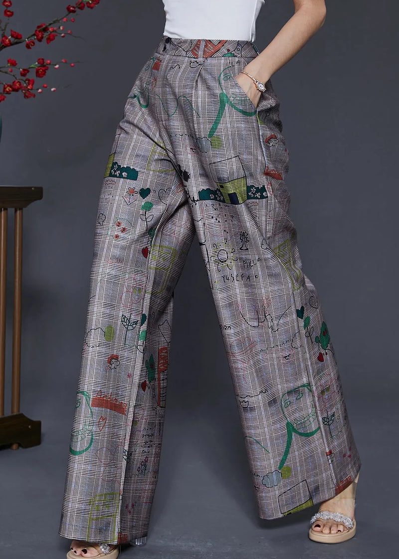 Grey Original Design Print Cotton Straight Pants Spring