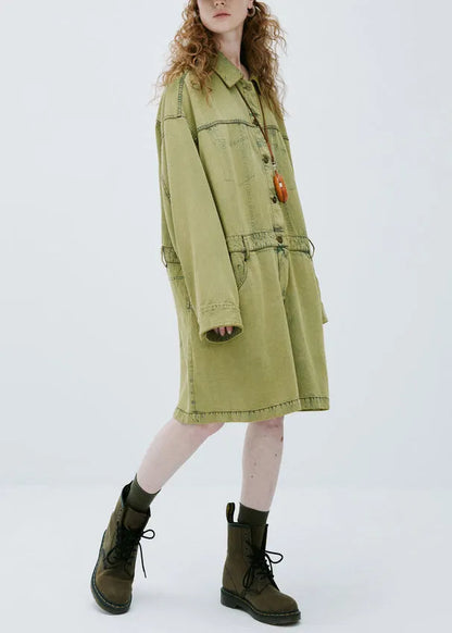 Yellow Green Peter Pan Collar Denim Jumpsuit Long Sleeve