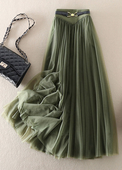 Green Wrinkled Elastic Waist Patchwork Tulle Skirts Spring