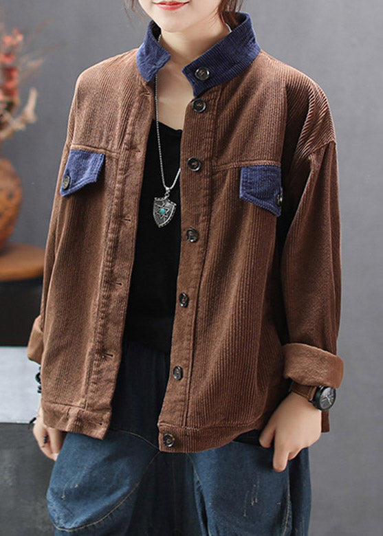 Chocolate Stand Collar Patchwork Corduroy Coats Spring