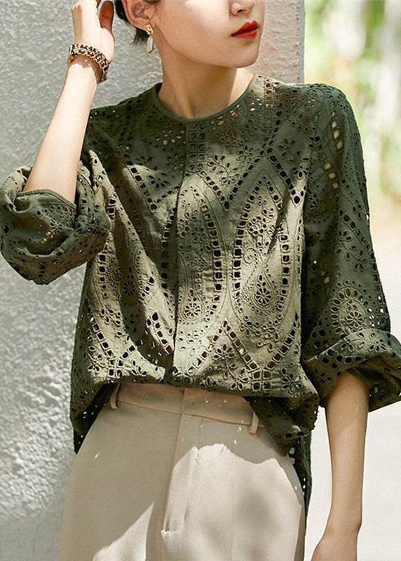 Light Khaki O Neck Hollow Out Cotton Blouses Long Sleeve