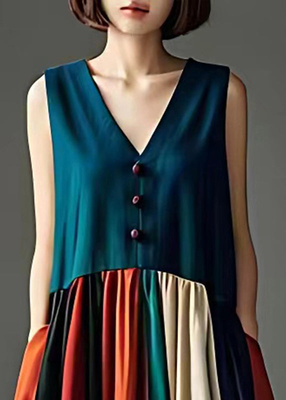 Peacock Green V Neck Patchwork Cotton Long Dress Sleeveless