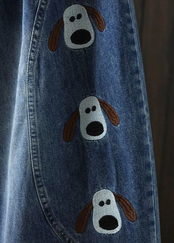 Blue Elastic Waist Pockets Print Crop Jeans