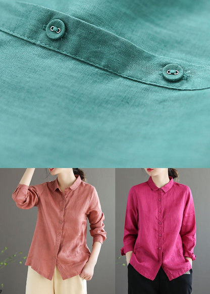 Pink Loose Button Summer Linen Long Sleeve Blouse Top