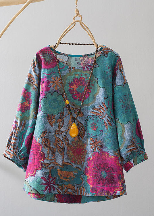 Blue O-neck Oversized Print Linen Blouses Bracelet Sleeve
