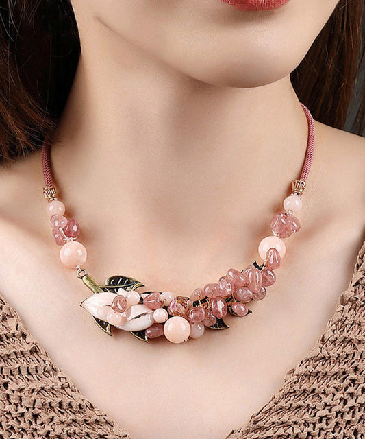 Pink Copper Overgild Cloisonne Coloured Glaze Strawberry Crystal Gratuated Bead Necklace