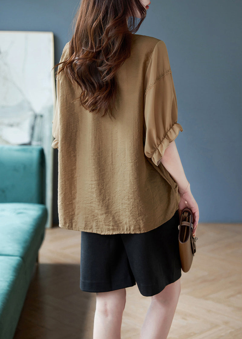 Coffee O-neck Print Drawstring Chiffon T Shirts Batwing Sleeve
