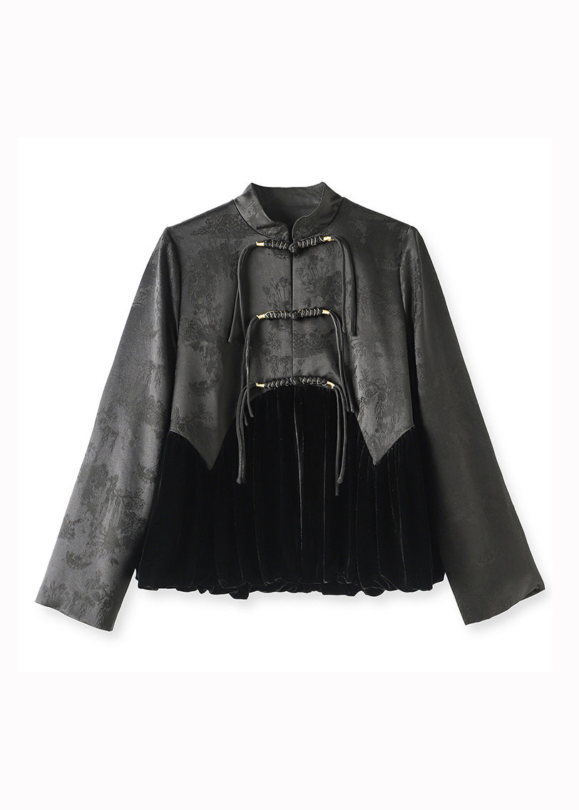 Black Tasseled Jacquard Patchwork Silk Velour Coat Fall