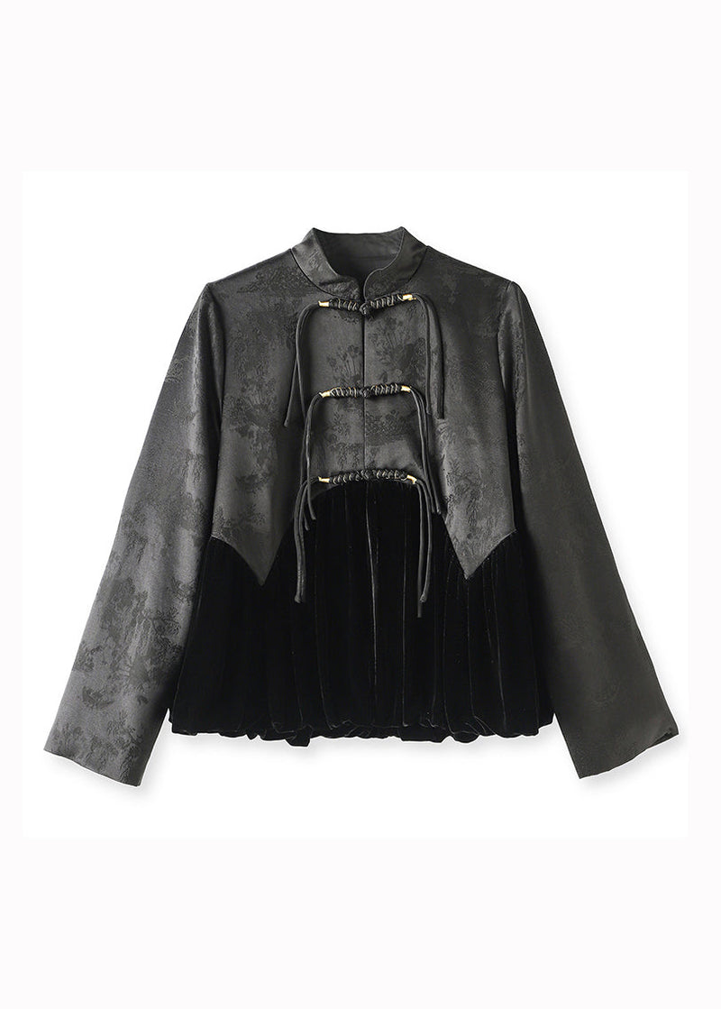 Black Tasseled Jacquard Patchwork Silk Velour Coat Fall