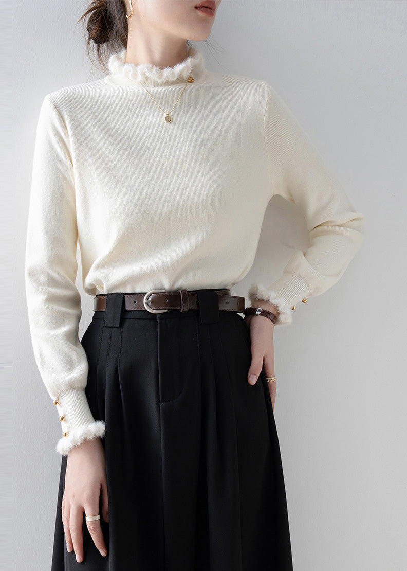 White Ruffled Patchwork Faux Fur Sweaters Winter