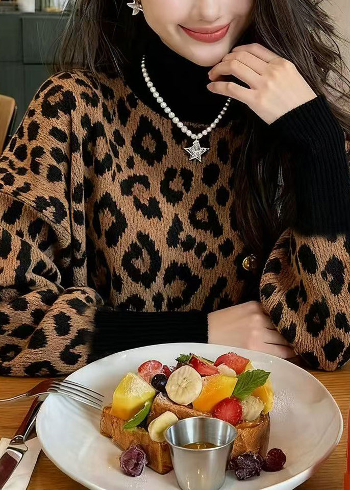 Leopard Hign Neck Puff Sleeve Knitted Sweaters Tops