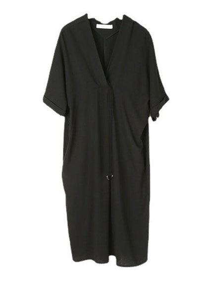 Black Tie Waist V Neck Dress Half Sleeve