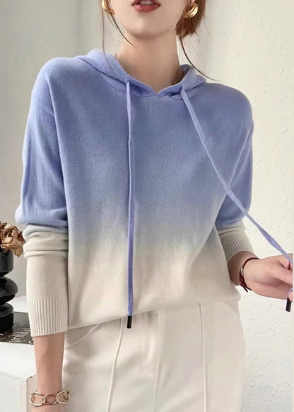 New Blue Gradient Color Hooded Patchwork Wool Knit Sweaters Fall