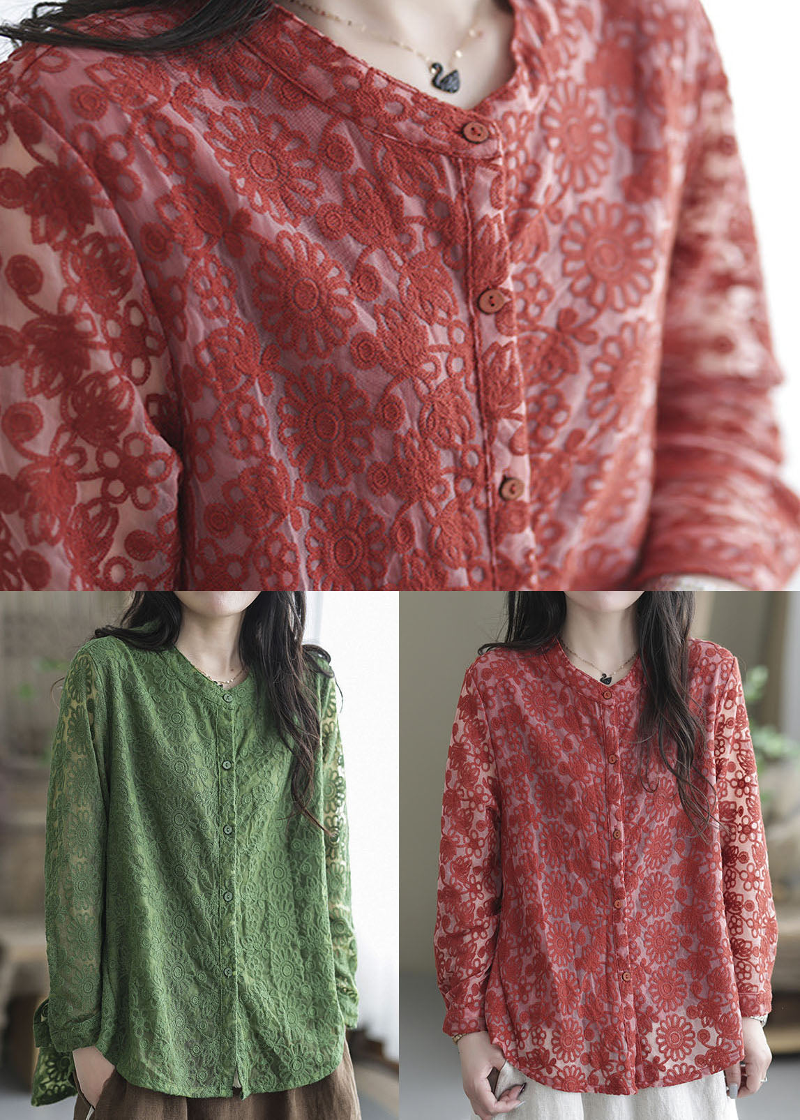 Organic Red O-neck Embroideried Lace Shirt Tops Spring