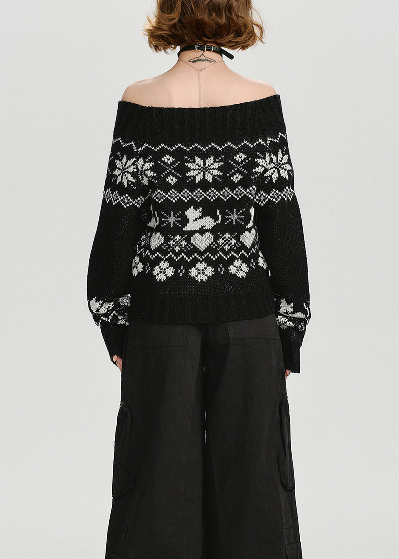 Black Slash Neck Jacquard Knit Sweater Tops Spring