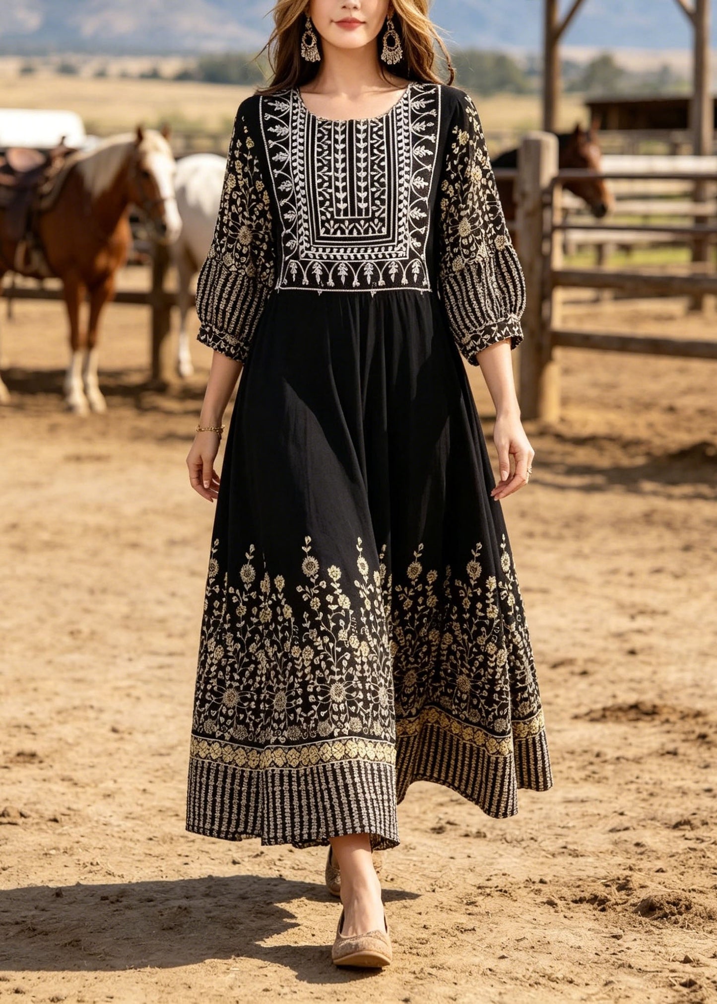 Black O Neck Print Cotton Long Dresses Summer