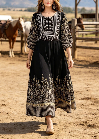Black O Neck Print Cotton Long Dresses Summer