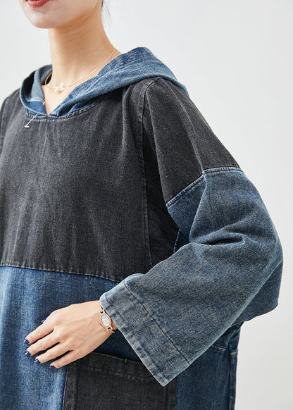 Blue Hooded Patchwork Side Open Cotton Sweatshirt Dress Fall