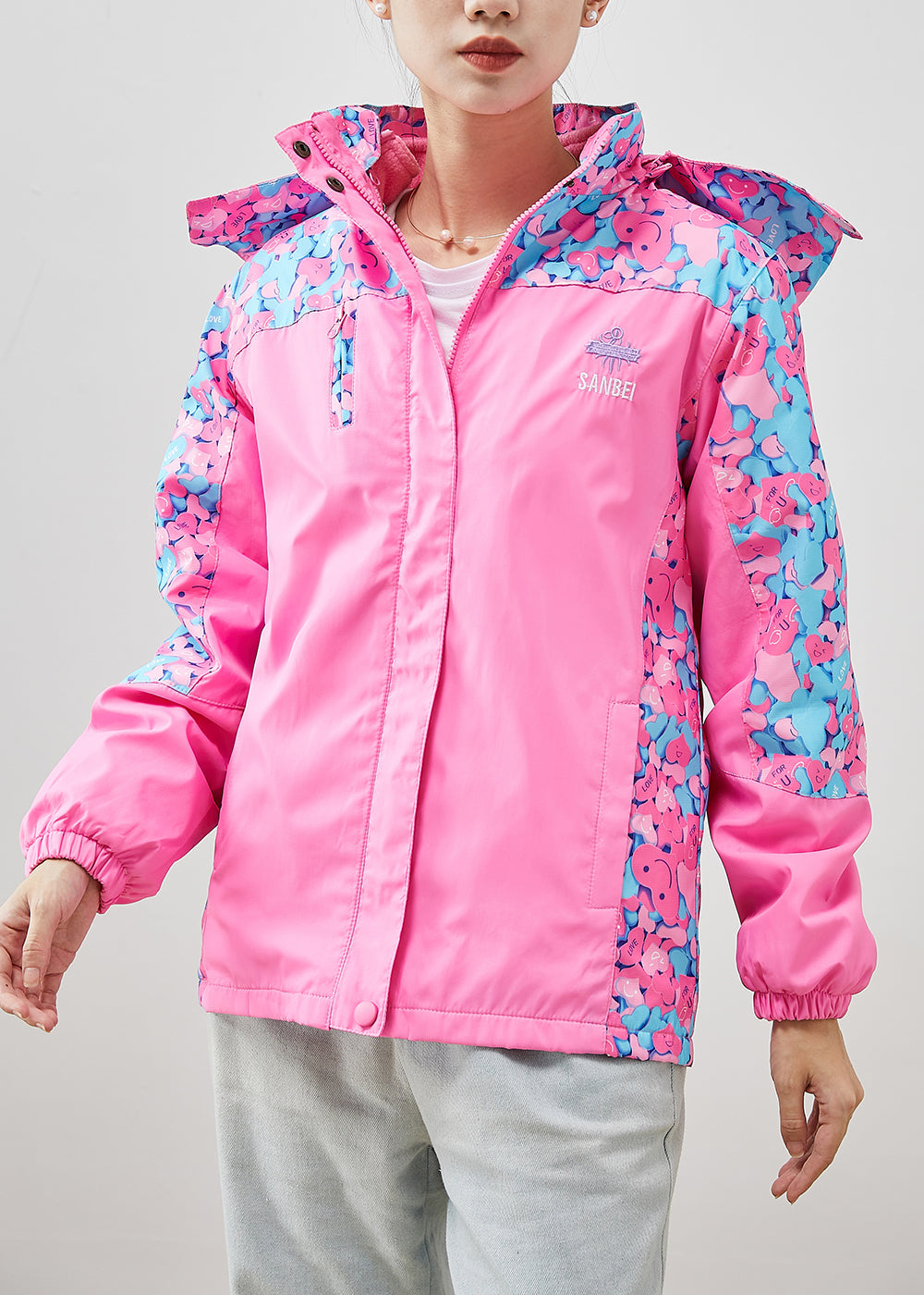 Pink Hooded Patchwork Print Spandex Coat Outwear Fall