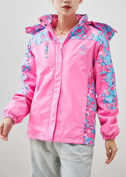 Pink Hooded Patchwork Print Spandex Coat Outwear Fall