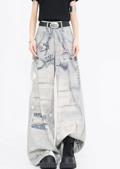 Original Design Print High Waist Denim Wide Leg Pants Fall