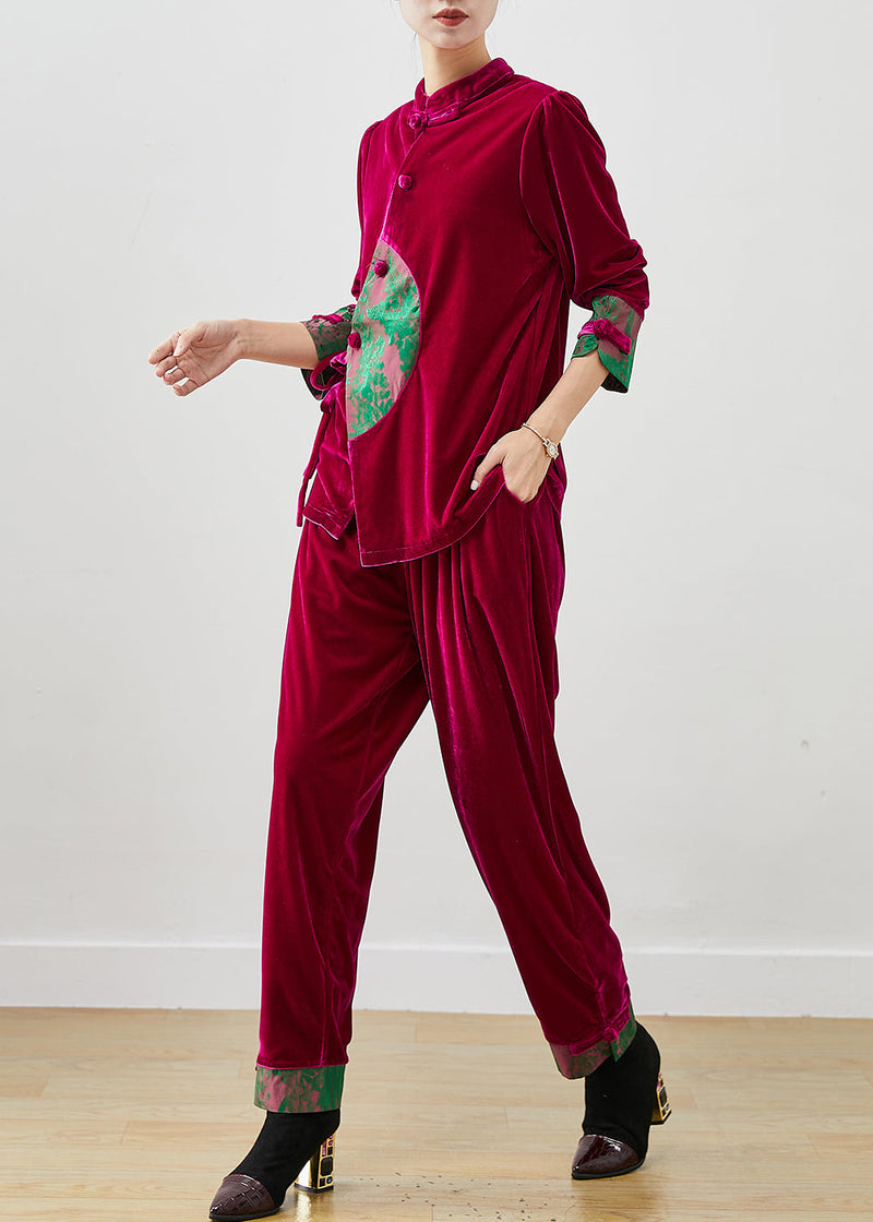 Rose Tie Waist Patchwork Silk Velour Two Pieces Set Spring