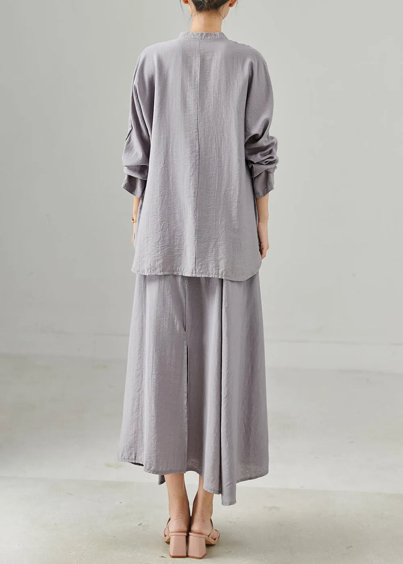 Grey Stand Collar Cotton Tops and Skirts Two Pieces Set Fall