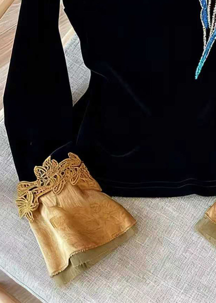 Black Embroidered Silk Velour Blouses Flare Sleeve