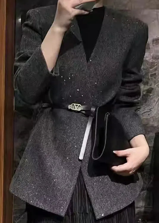 Grey V Neck Woolen Suit Coats Fall