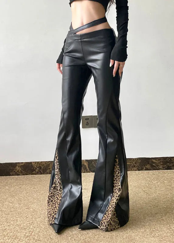 Black Asymmetrical Leopard Patchwork Pu Pants Spring