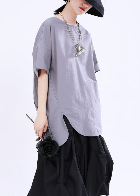 French Grey Asymmetrical Design Button Patchwork Fall Shirt Half Sleeve