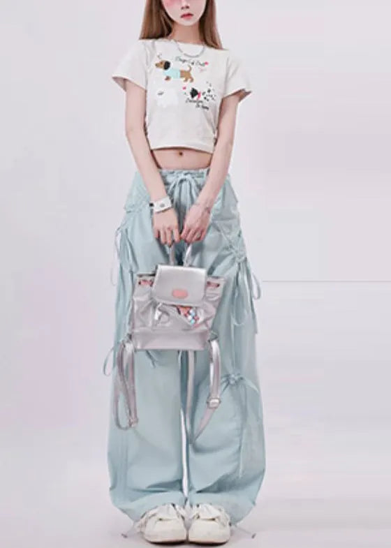 Light Blue Tie Waist Bow Cotton Pants Spring