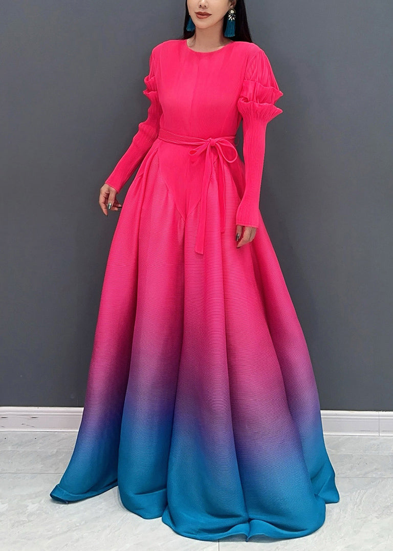 Red O-neck Gradient Color Maxi Dresses Long Sleeve