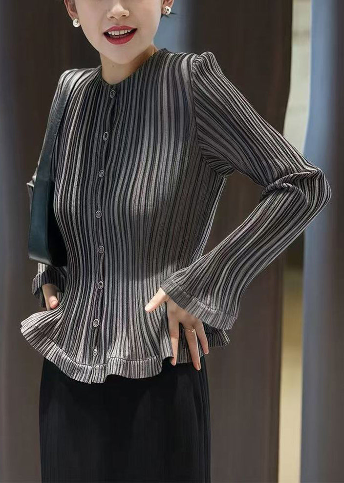 Slim Fit Grey Wrinkled Button Cotton Blouses Fall