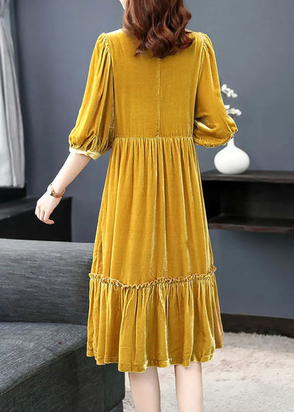 Yellow Wrinkled Velour Dress Half Sleeve Spring