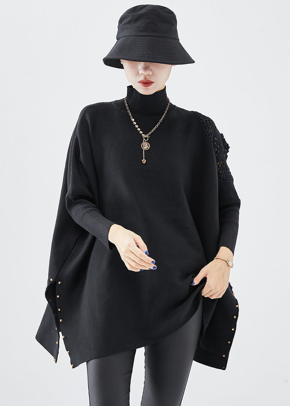Black Turtle Neck Oversized Side Open Knit Top Fall