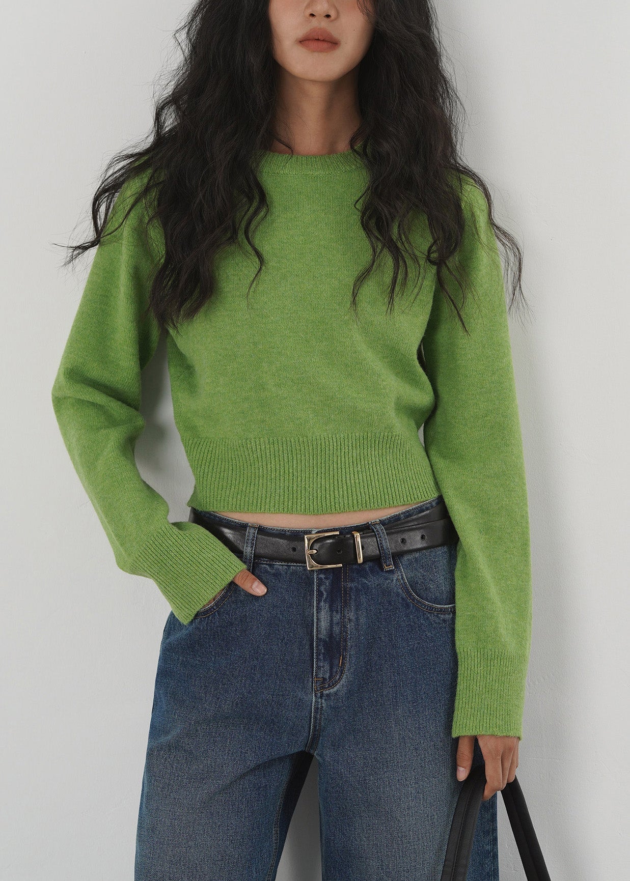 Green O Neck Knit Short Sweaters Tops Spring