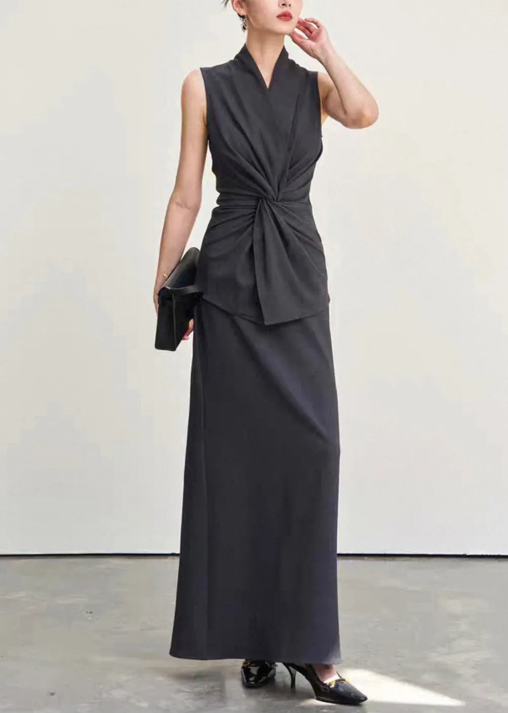 Italian Dark Gray V Neck Wrinkled Tank and Skirts Cotton Two Pieces Set Sleeveless