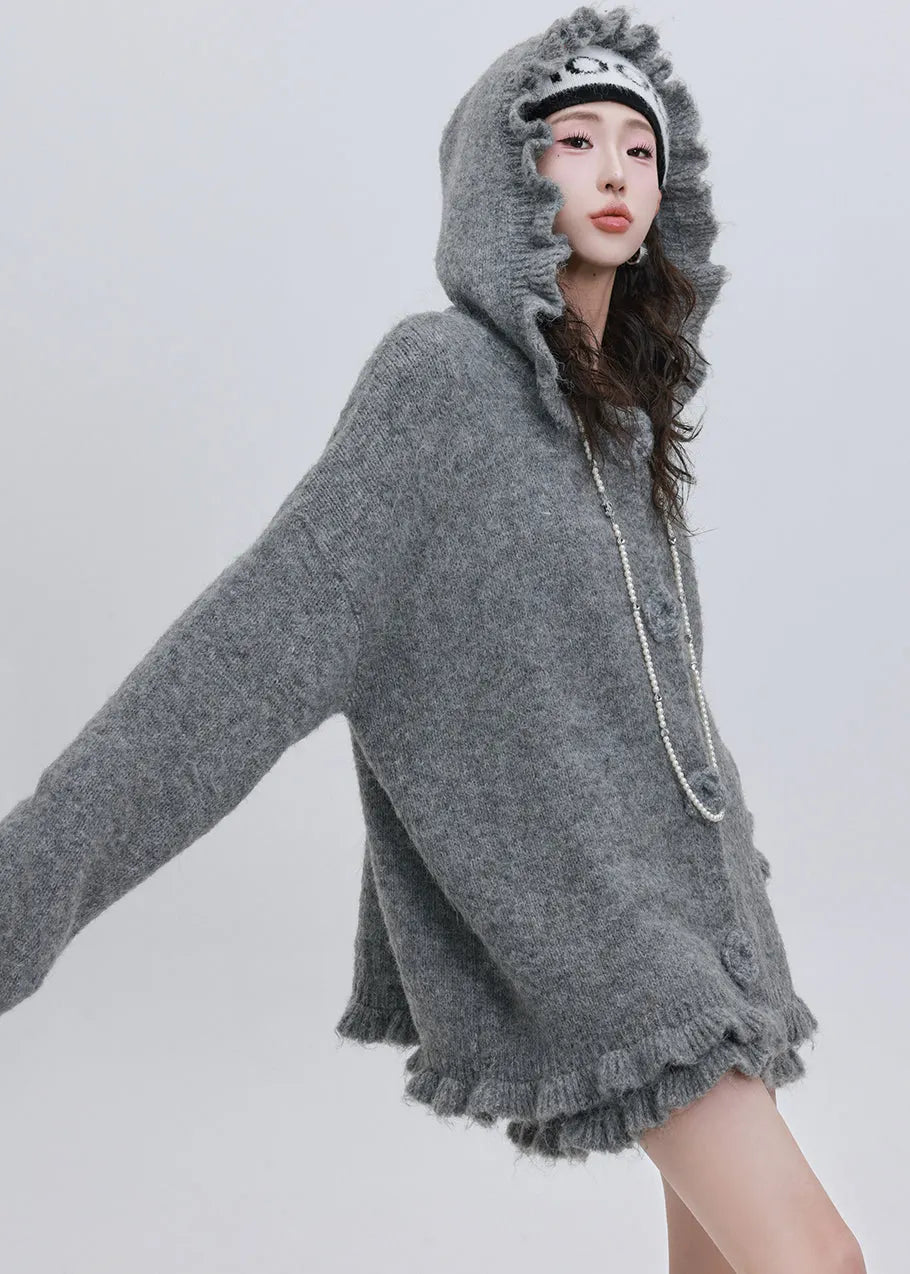 Style Grey Ruffled Oversized Knit Two Pieces Set Flower Decorated Winter