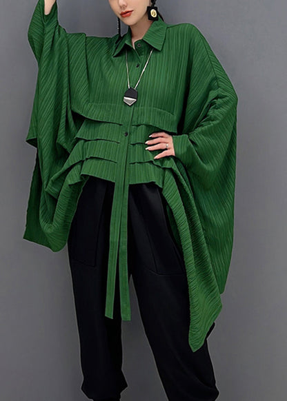 Green Peter Pan Collar Asymmetrical Low High Design Button Shirt Long Sleeve