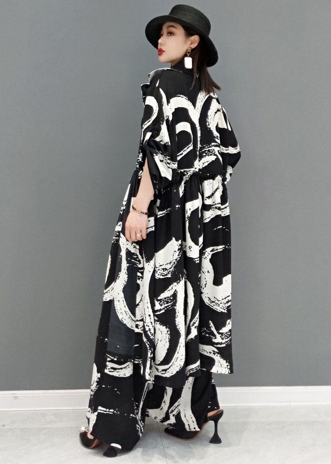Black Ruffled Print Cotton Two Pieces Set Long Sleeve