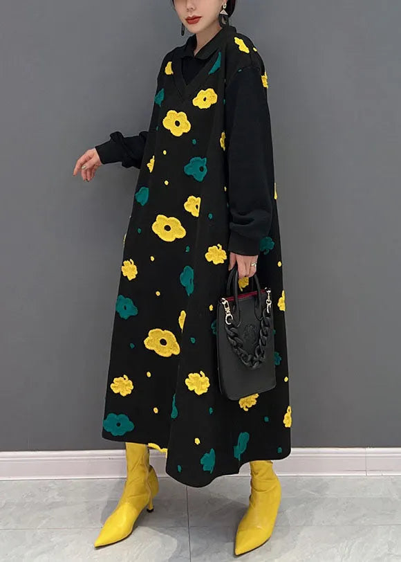 Black Peter Pan Collar Patchwork Print Cotton Fake Two Piece Dress Spring
