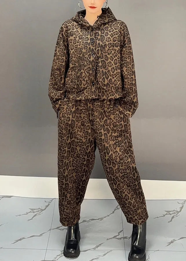 Khaki Leopard Warm Fleece Hooded Coats and Harem Pants Two Pieces Set Winter