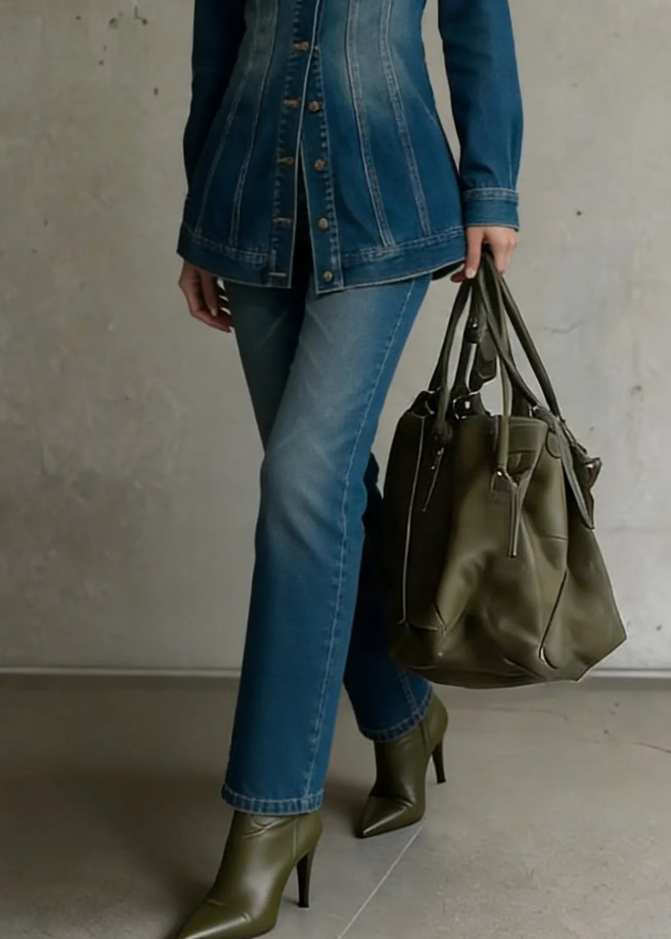 Natural Denim Blue Peter Pan Collar Button Coat and Flared Trousers Two Pieces Set Spring