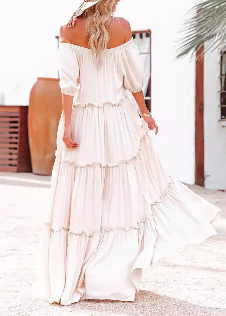 Slash Neck Ruffled Patchwork Cotton Long Dresses Summer